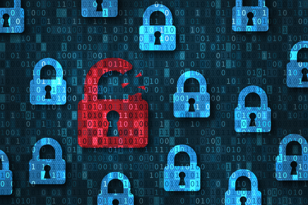 SecurityBreachSystemHackedAlertWithRedBrokenPadlockIcon Red unlocked padlock stands out among blue locked padlocks over a binary background, signaling a security breach or vulnerability.