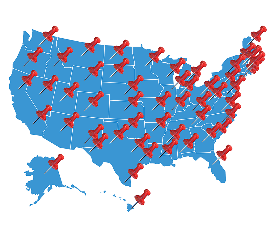 Service map | platinum copier solutions a Map of the Usa with Thumb Tacks in Each State