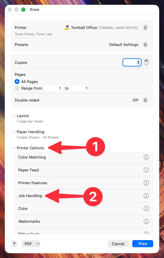 Mac os authentication step 1 | platinum copier solutions Mac Print Dialog Showing Printer Copies Pages Layout and Printer Options with Color Matching and Job Handling Sections