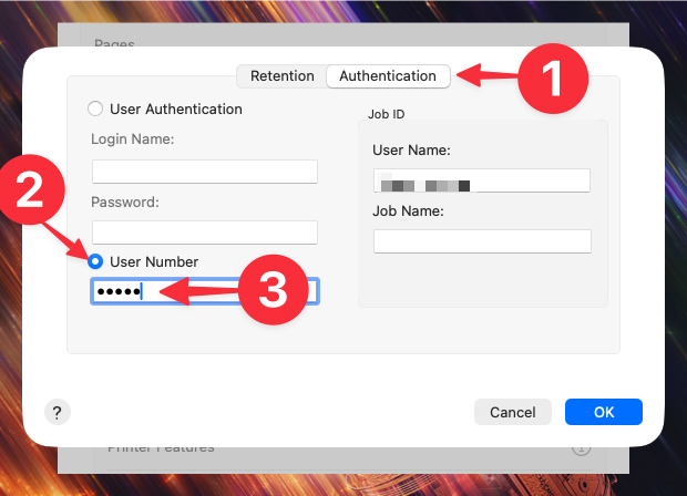 Mac os authentication step 2 rev | platinum copier solutions Authentication Dialog with Two Tabs retention Authentication Left Pane Has User Authentication with Login Name and Password and a Selected User Number Option Showing a Masked Password Right Pane Contains Job Id Fields