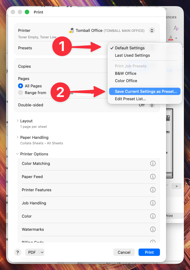 Mac os authentication step 3 | platinum copier solutions Macos Print Dialog with Presets Menu Open Shows Options Including Default Settings and Save Current Settings As Preset Illustrating How to Save Current Print Settings As a Preset steps 1 and 2