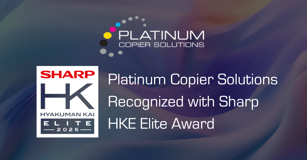 Platinum Copier Solutions Wins Sharp HKE Elite Award Platinum Copier Solutions logo with text announcing Sharp HKE Elite Award recognition.
