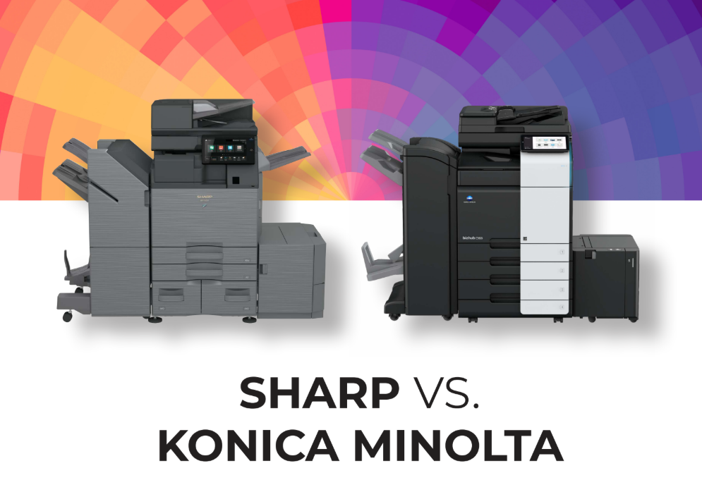 Sharp BP vs Konica Minolta: Feature & Value Guide Comparison image of two large office printers labeled SHARP vs KONICA MINOLTA against a colorful radial background.