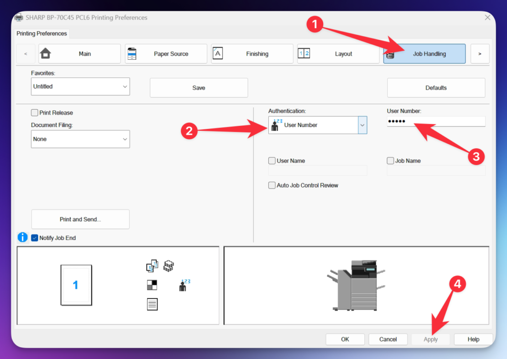 Sharp bp series user control driver settings | platinum copier solutions Printer Settings Dialog Showing the Job Handling Tab with Authentication Set to User Number and a Hidden User Number Field Plus an Apply Button