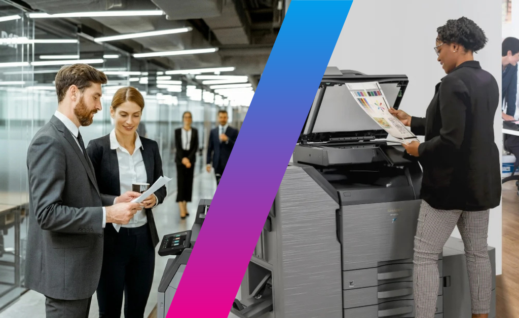 Lease vs Buy Copier Cost: What’s Best for Your Business? Professional office scene with two people reviewing documents beside a large multifunction printer; another person prints colorful pages on the right.