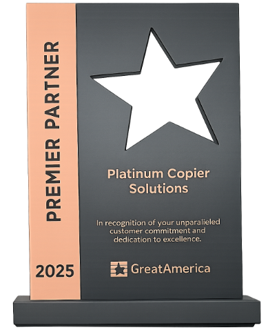 Great america partner award | platinum copier solutions Sharp Logo on Black Background with Large White Hk Monogram Hyakuman Kai and Elite 2025 Badge Plus Red Sharp at the Top