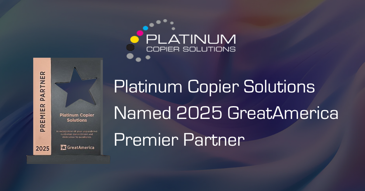 Left: Premier Partner trophy/award plaque; right: headline announcing Platinum Copier Solutions named 2025 GreatAmerica Premier Partner.