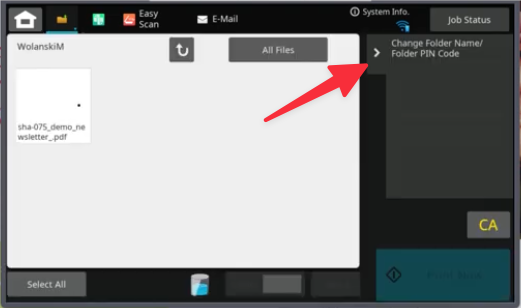 Sharp my folder print change folder pin | platinum copier solutions Screenshot of a File Manager Ui with a Large White File Area Left Item List and a Right Panel Labeled change Folder Namefolder Pin Code Highlighted by a Red Arrow to Indicate Its Function