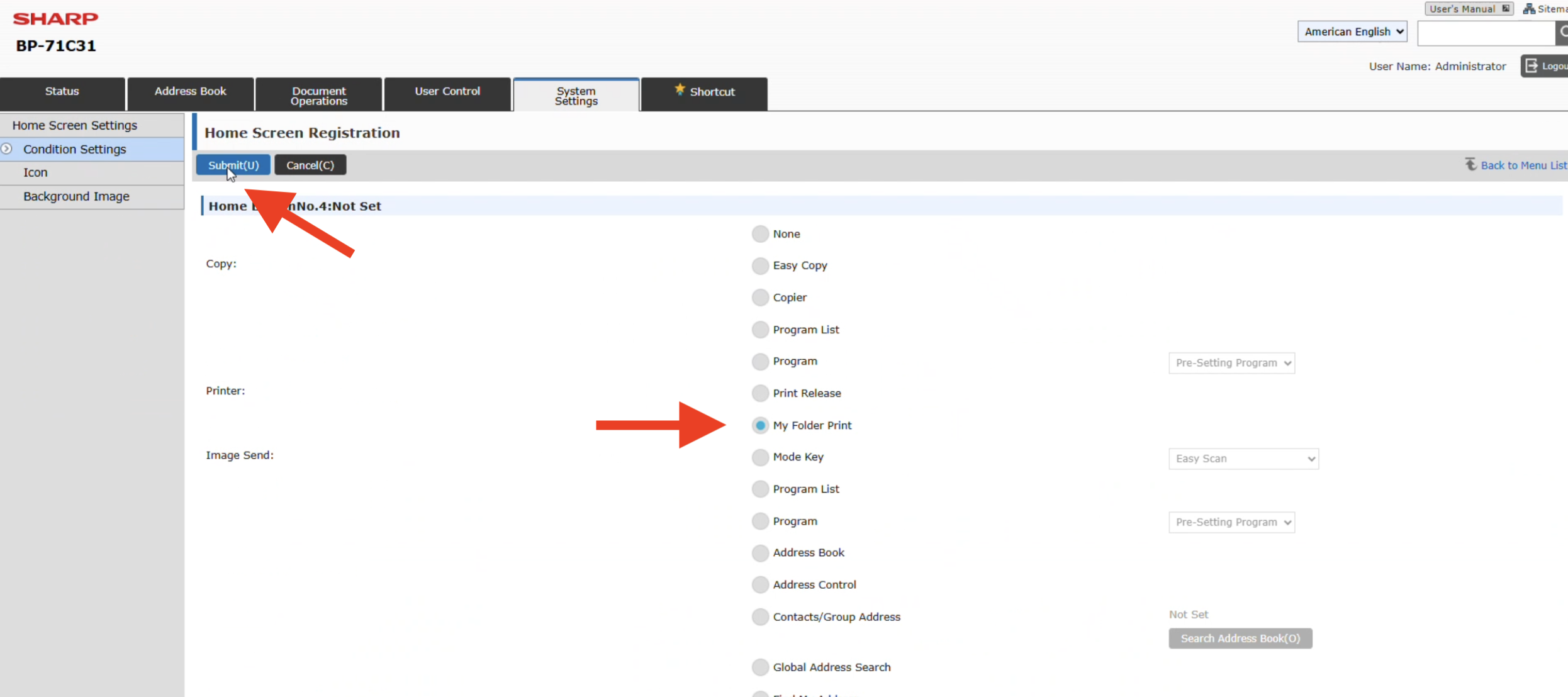 Sharp my folder print settings home page | platinum copier solutions Sharp Bp 71c31 System Settings Screen Home Screen Registration with Selectable Options and a Highlighted'My Folder Print' radio button
