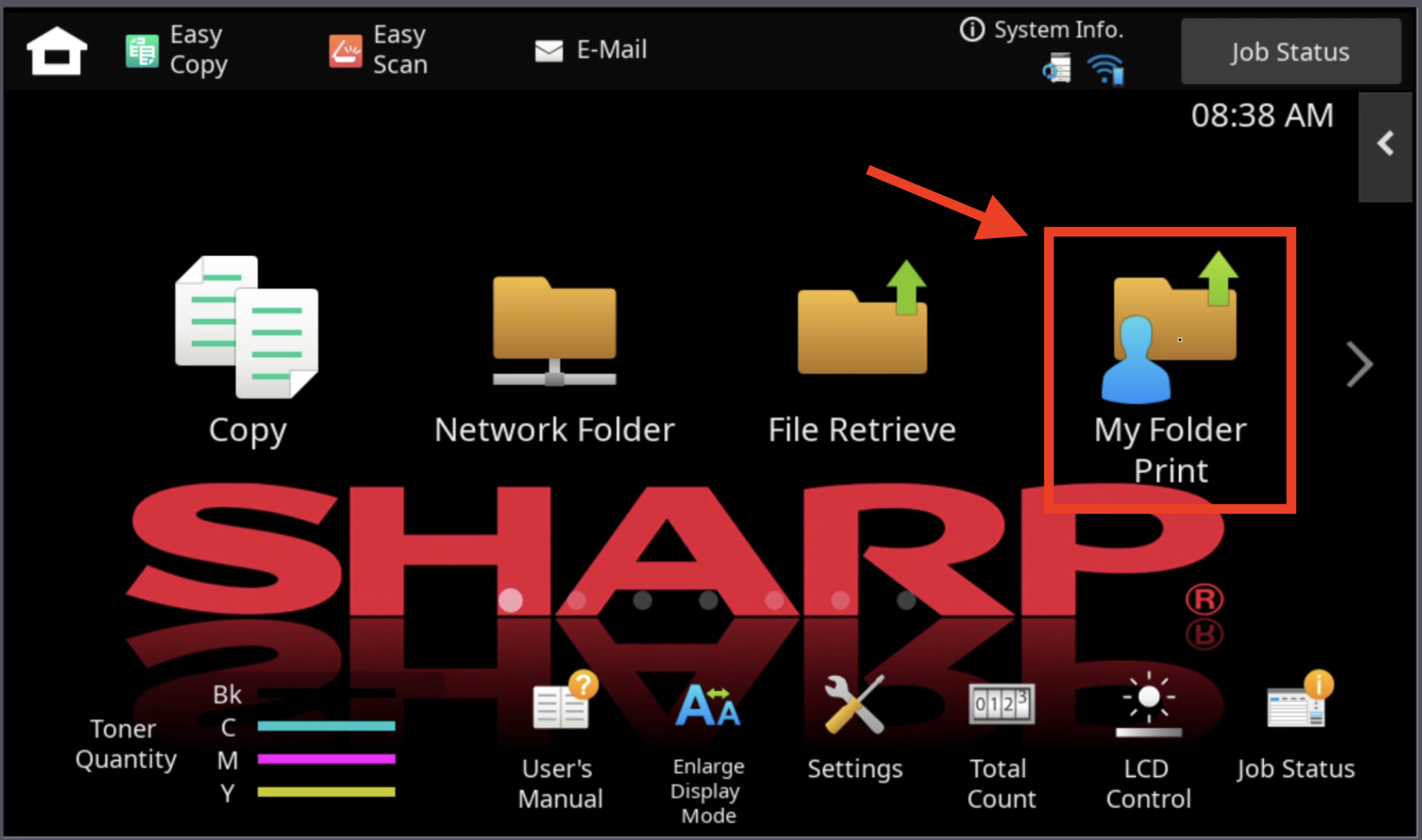 Sharp my folder print touch screen | platinum copier solutions Printer App Home Screen with Icons Copy Network Folder File Retrieve and the Highlighted My Folder Print Option