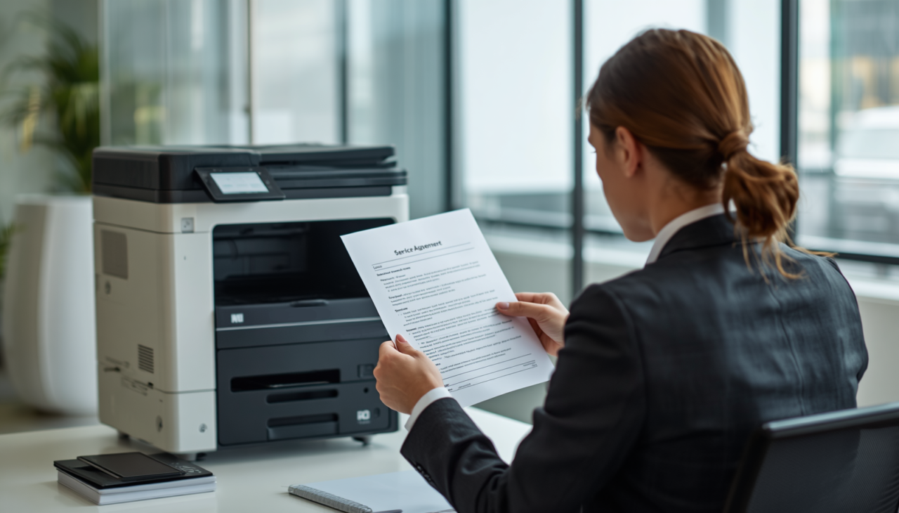 End of Copier Lease: Options, Costs & Next Steps Woman sitting at a desk in an office with a copier in front of her reviewing a lease agreement.