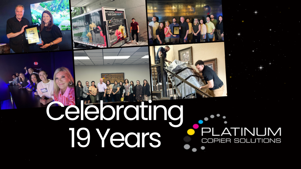 Platinum Copier Solutions Celebrates 19 Years in Business Collage of Platinum Copier Solutions employees celebrating 19 years with awards, group photos, and team moments