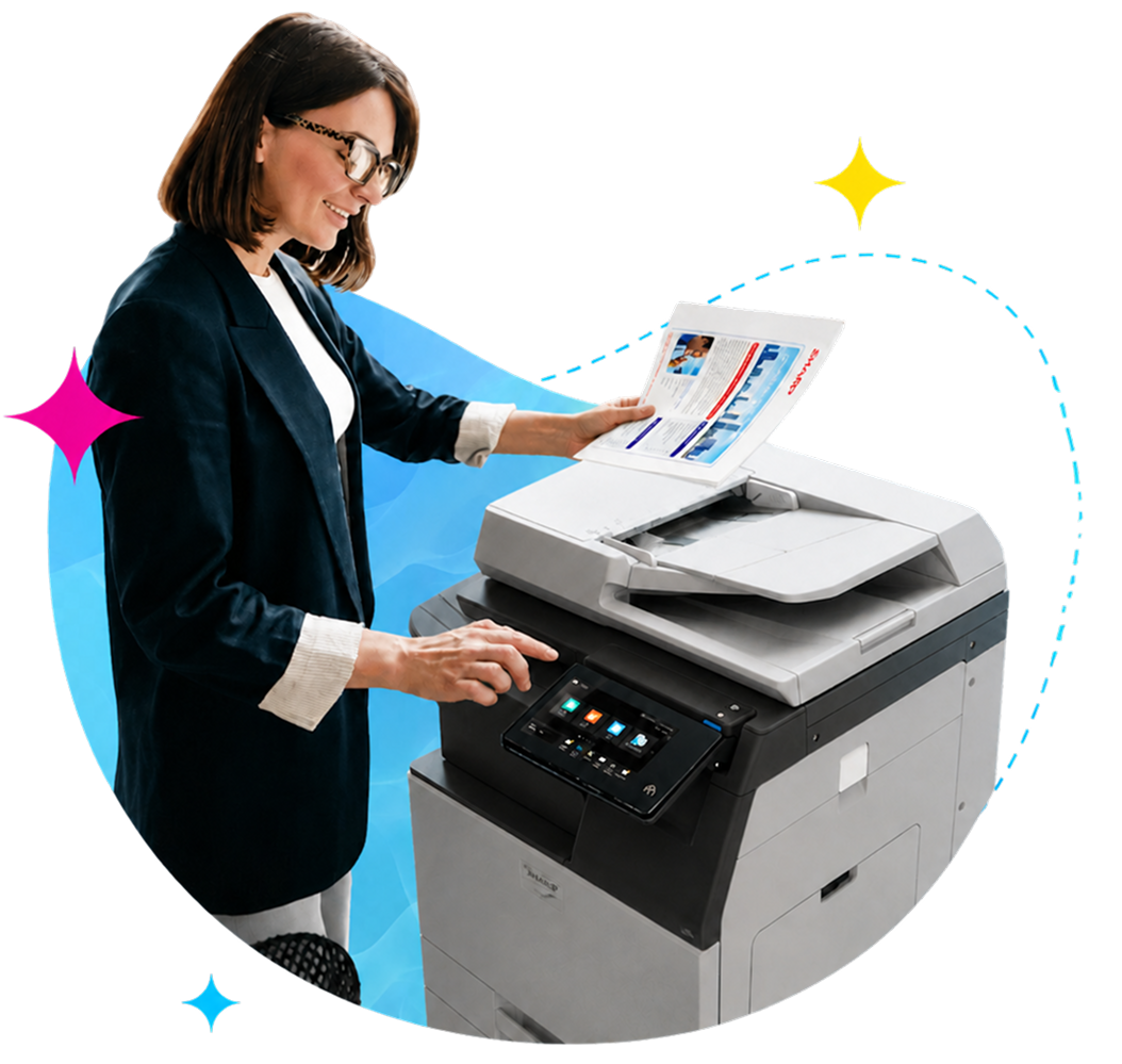 Woman in a Blazer Prints a Document on a Large Office Copier with a Touchscreen Panel Visible on the Front