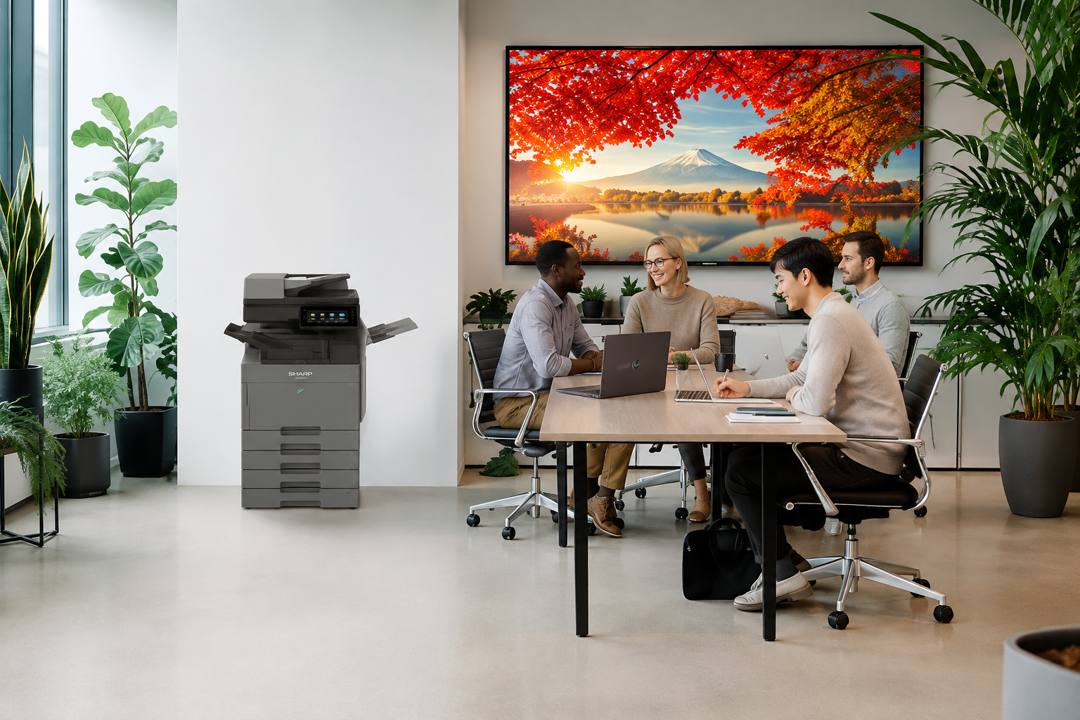 Managed Print Services Cost in Houston (2026 Pricing Guide) Four coworkers sit around a wooden conference table with laptops, discussing as a large screen shows a autumn landscape with a lake and mountains behind them; a multifunction printer stands to the left with office plants nearby.