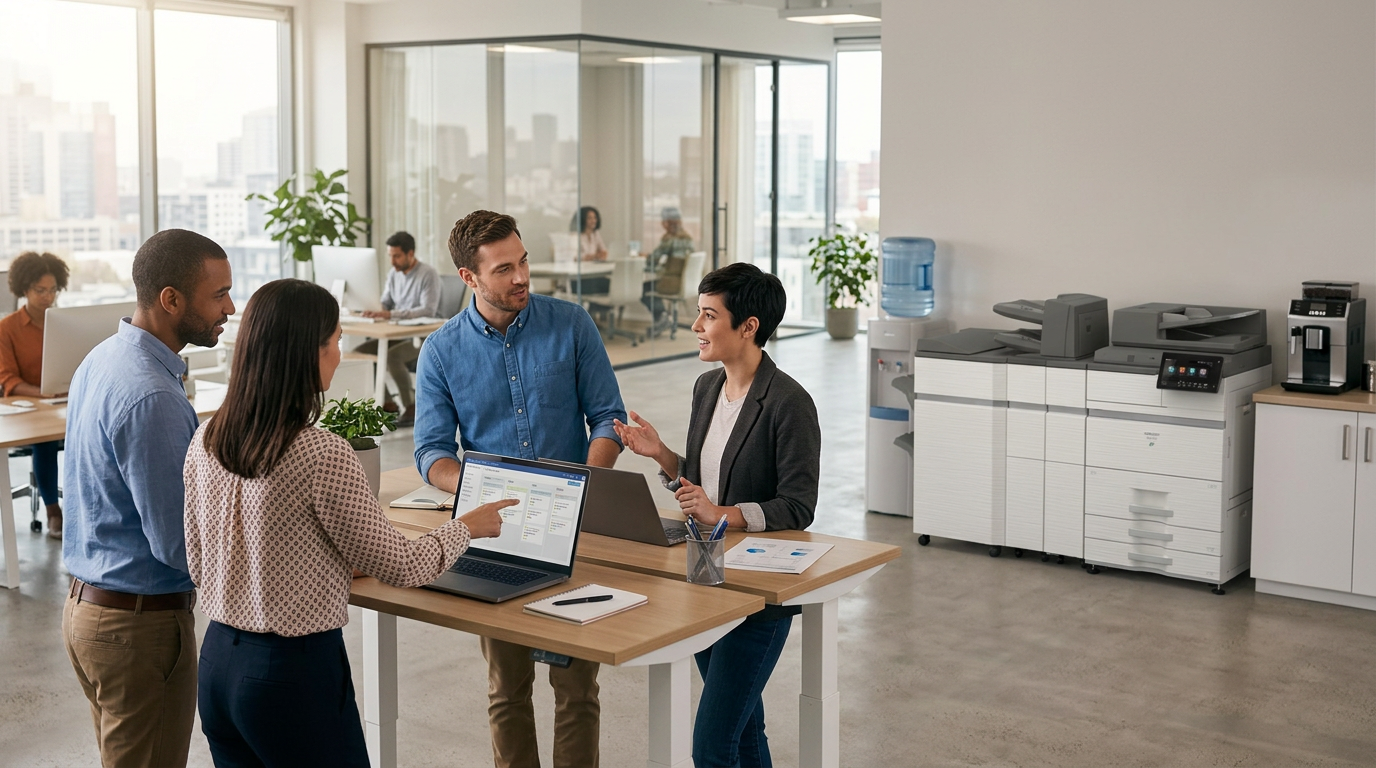 Team brainstorming around a high table with laptops in a modern office, light-filled space and glass-walled conference room in the background