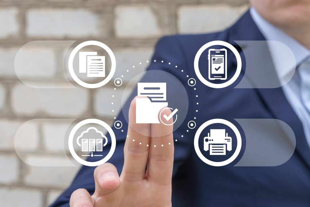 Cloud Printing for Business: Benefits and Solutions Man using virtual touch interface presses icon: directory with files and check mark. Document management system concept. Software system for managing documents, information, organization.